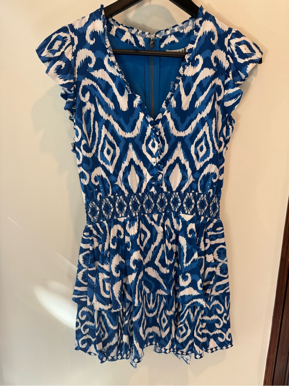 Alice + Olivia Royal Blue and White Ikat V-Neck Romper (shorts under the skirt)